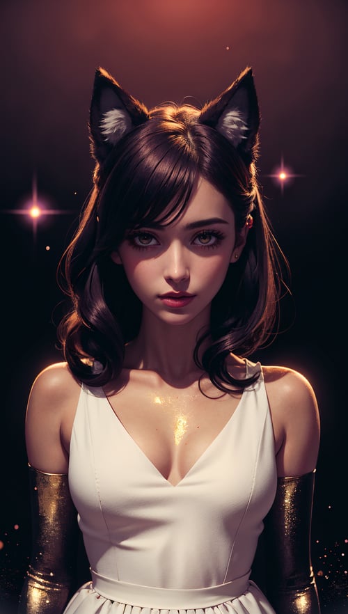 mythical doorway,1girl,(upper body:0.9),(gold eyes),inter-dimensional,witnessing greatness,mature female,spontaneous,deepness,(white ambience),creative,(silhouette:1.4),portrait,cosmic,(white dress),luxury,gold trim,effortless,wise,true,dark theme,darkness,righteousness,dark reflective water,ethereal,13,highest quality,best shadow,immaculate infrared,(ultra-violet),glass,(plants),bioluminescence,(planetary:0.8),light map,depth map,medium hair,floating hair,(particle dust),cinematic,(wolf ears),fluff,(maroon background:1.2),