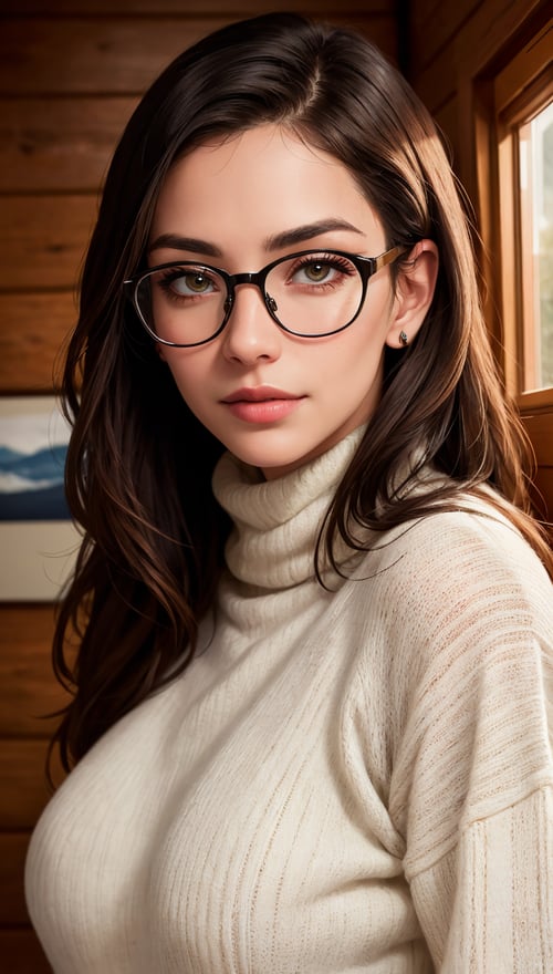 A photo of emb-babs,as a beautiful woman in a thick sweater,wearing stylish glasses,in a ski cabin,(looking at the camera),photoshoot style,seductive expression,8k HD,RAW,dslr,perfect features,flawless skin,skin pores,professional,masterpiece,(photorealistic:1.4),detailed,intricate,high resolution,detailed background,fcDetailPortrait,epiCRealism,OverallDetail.,