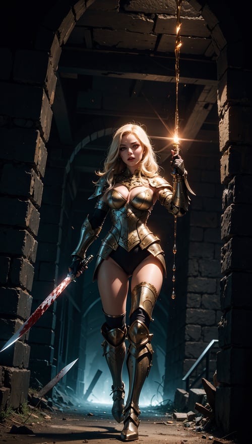 Full body shot,(photorealistic, realistic),masterpiece,absurdres,highres,high quality,ultra detailed,beautiful and aesthetic,horror (theme),1girl,dynamic pose,shiny skin,(holding weapon),enchanted armor,ancient,intricate details,expressive drips,(energetic movement),(sense of depth),glowing aura,in the depths of a gloomy dungeon,illuminated by divine light,(perfect lighting),(mysterious scenery),magical lighting,skull,blood,blood splatter,