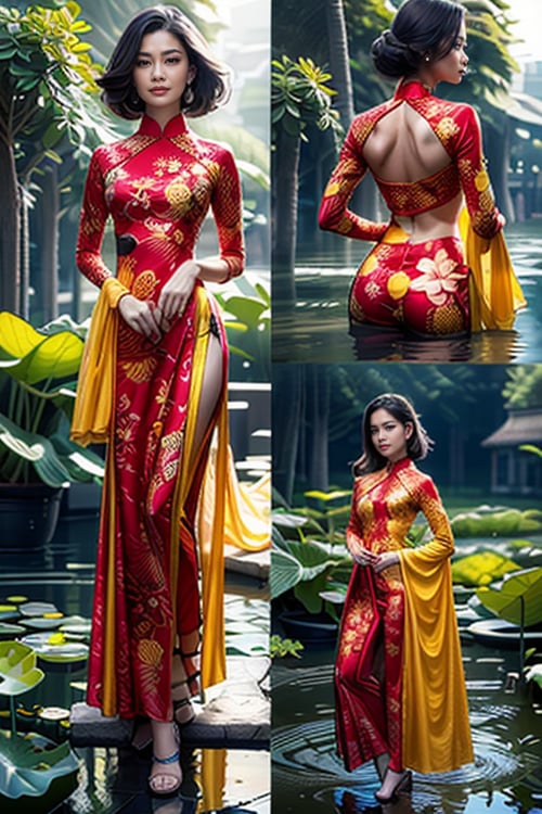 Traditional Vietnamese Phoenix Pattern Black Ao Dai Qipao Dress