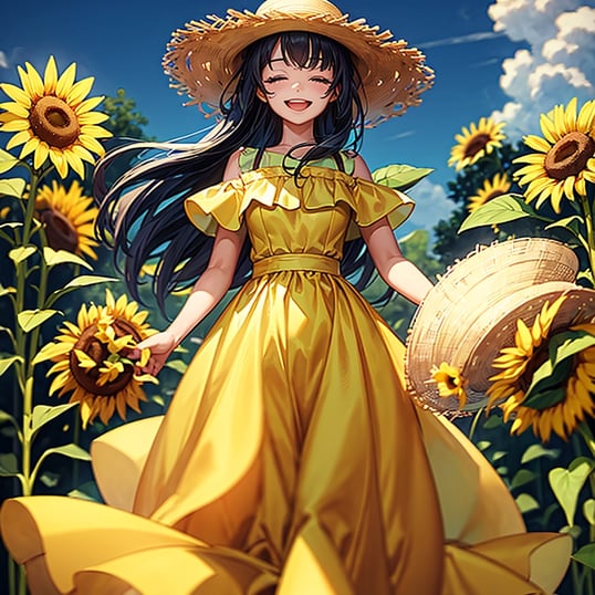 anime girl wearing straw hat holding a sunflower