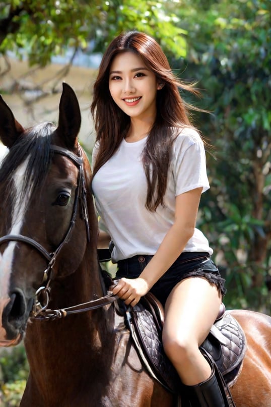 a horse girl, long wavy hair, {{extra large breasts}