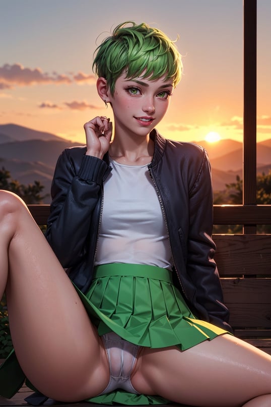 1girl,  cute beautiful (skinny) 25-year-old,  (short yellow-green hair pixie-cut),  arm tattoo, (embarassed laugh),  spreading legs in lewd pose,  wearing jacket and skirt, thin wet white panties,  (cameltoe),  (upskirt),  pokies, gorgeous valley at sunset,  (swollen red pussy lips), clitoris,  flat-chested,  (tiny round ass),  highly detailed,  detailed face,  beautiful hands,  realistic,  highest quality,  masterpiece photo,  nsfw