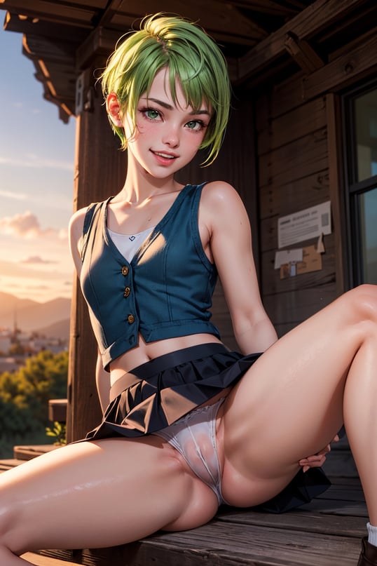 1girl,  cute beautiful (skinny) 25-year-old,  (short yellow-green hair pixie-cut),  arm tattoo, (embarassed laugh),  spreading legs in lewd pose,  wearing a vest and skirt, thin wet white panties,  (cameltoe),  (upskirt),  pokies, gorgeous valley at sunset,  (swollen red pussy lips), clitoris,  flat-chested,  (tiny round ass),  highly detailed,  detailed face,  beautiful hands,  realistic,  highest quality,  masterpiece photo,  nsfw