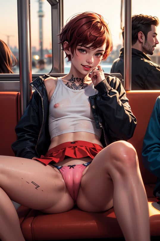 1girl,  cute beautiful (skinny) 25-year-old,  (short auburn hair pixie-cut),  neck tattoos, (embarassed laugh),  spreading legs in lewd pose,  wearing jacket and skirt, thin wet panties,  (cameltoe),  (upskirt),  pokies, on public transportation at sunset,  (round swollen red pussy lips), clitoris,  flat-chested,  (tiny round ass),  highly detailed,  detailed face,  beautiful hands,  realistic,  highest quality,  masterpiece photo,  nsfw
