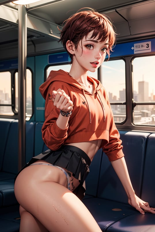 1girl,  cute beautiful (skinny) 25-year-old,  (short auburn hair pixie-cut),  neck tattoos, (embarassed laugh),  spreading legs in lewd pose,  wearing hoodie and skirt, thin wet panties,  (cameltoe),  (upskirt),  pokies, on public transportation at sunset,  (swollen red pussy lips), clitoris,  flat-chested,  (tiny round ass),  highly detailed,  detailed face,  beautiful hands,  realistic,  highest quality,  masterpiece photo,  nsfw