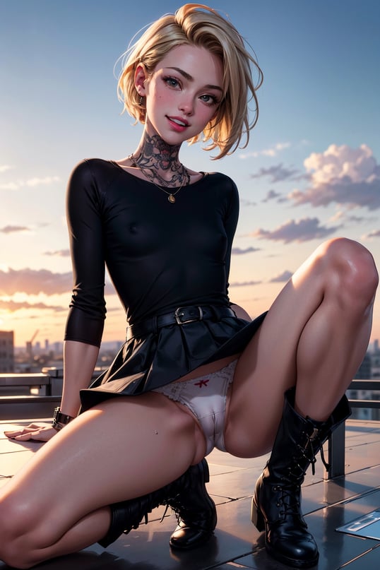 1girl,  cute beautiful (skinny) 25-year-old,  (short blond punk hair cut),  arm tattoo, (embarassed laugh),  spreading legs in lewd pose,  wearing colorful dress and black boots, thin wet white panties,  (cameltoe),  (upskirt),  pokies,  on rooftop at sunset,  (swollen red pussy lips), clitoris,  flat-chested,  tiny round ass,  highly detailed,  detailed face,  beautiful hands,  realistic,  highest quality,  masterpiece photo,  nsfw