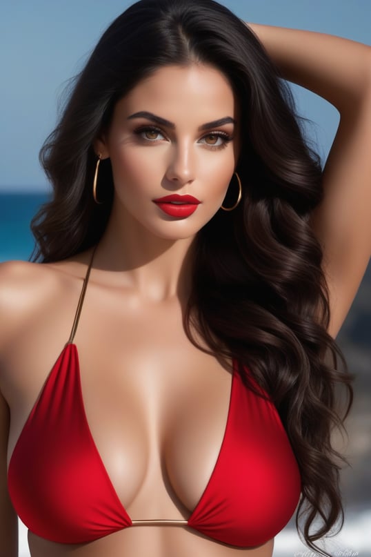 Brunette woman in red bikini.