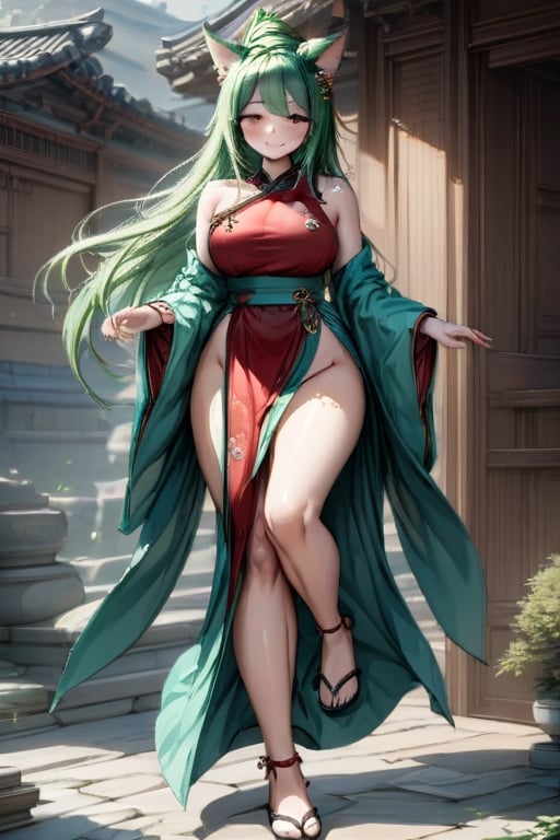 girl r,(1girl:1.3),((extremely cute and beautiful green curly-haired  anime girl walking down the street)), (short breasts:1.4),(((green curly  hair:1.35 - SeaArt AI