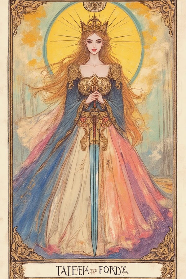 (((The tarot card: Queen of sw | image created by Mia | Tensor.Art