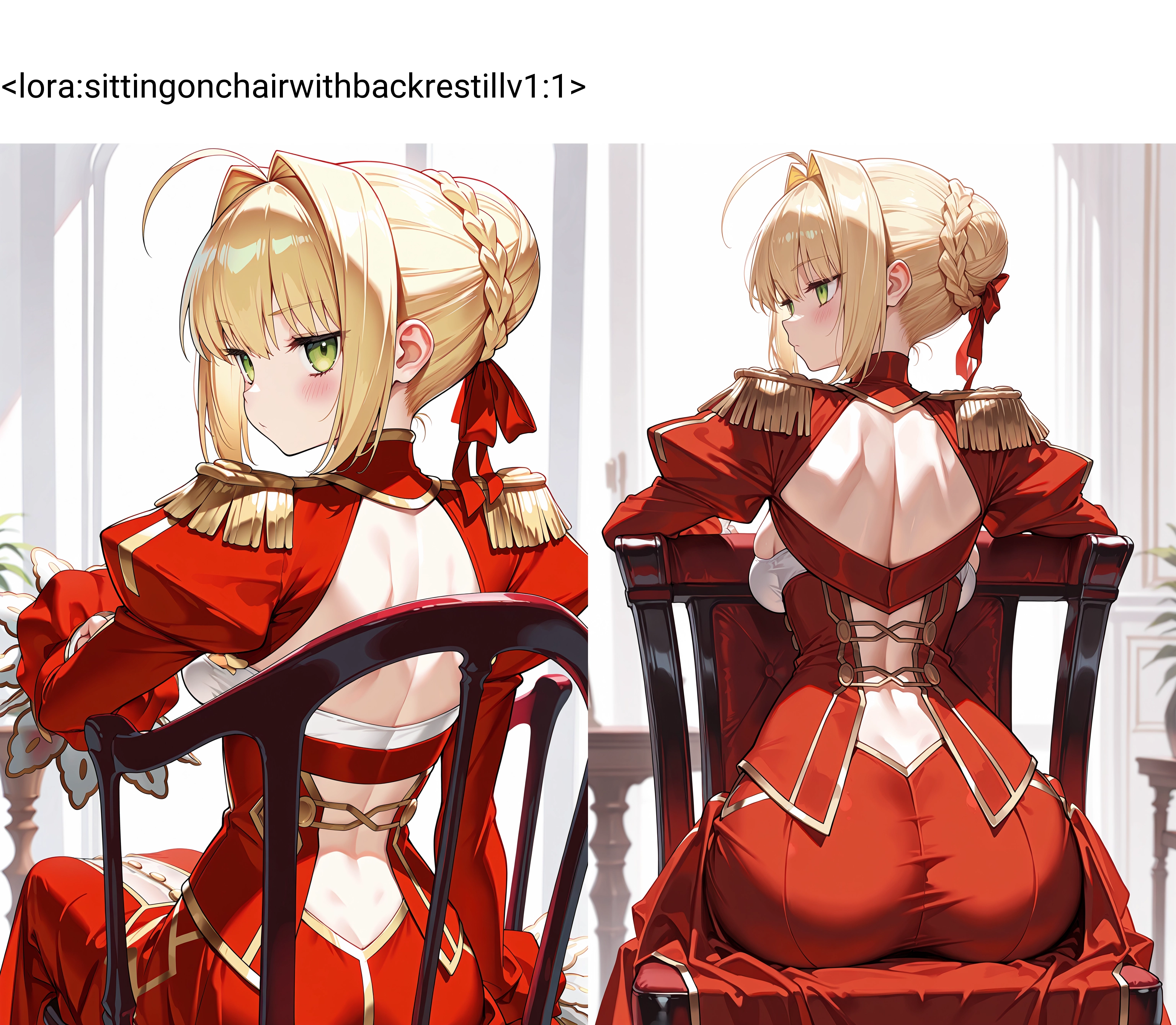 sitting on chair with backrest [背もたれ付き椅子] <ILL>