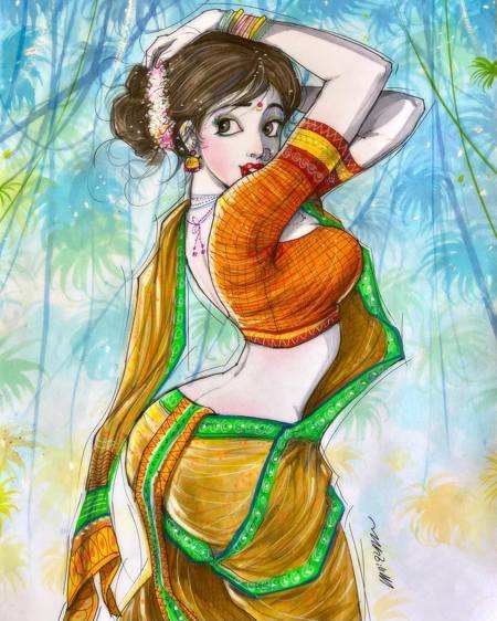 Traditional Girl Drawing with Sari