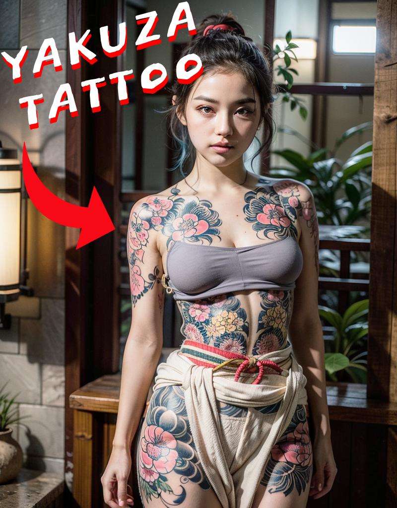 yakuza tattoos on a sitting geisha back with intricate | Stable Diffusion