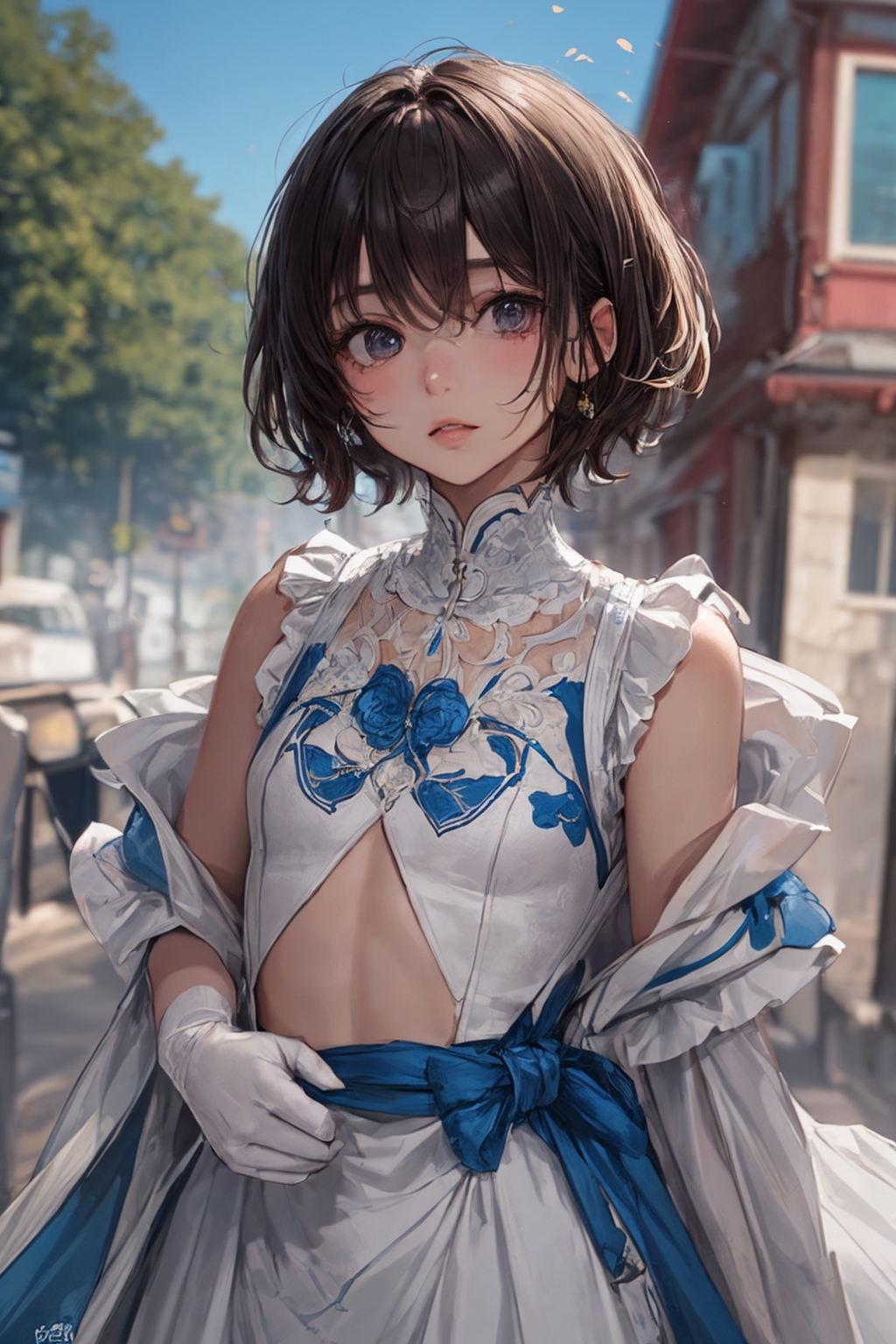 Perspective view of sci-fi cute anime girl with a pixie haircut and dark  hair wearing stylish outfit