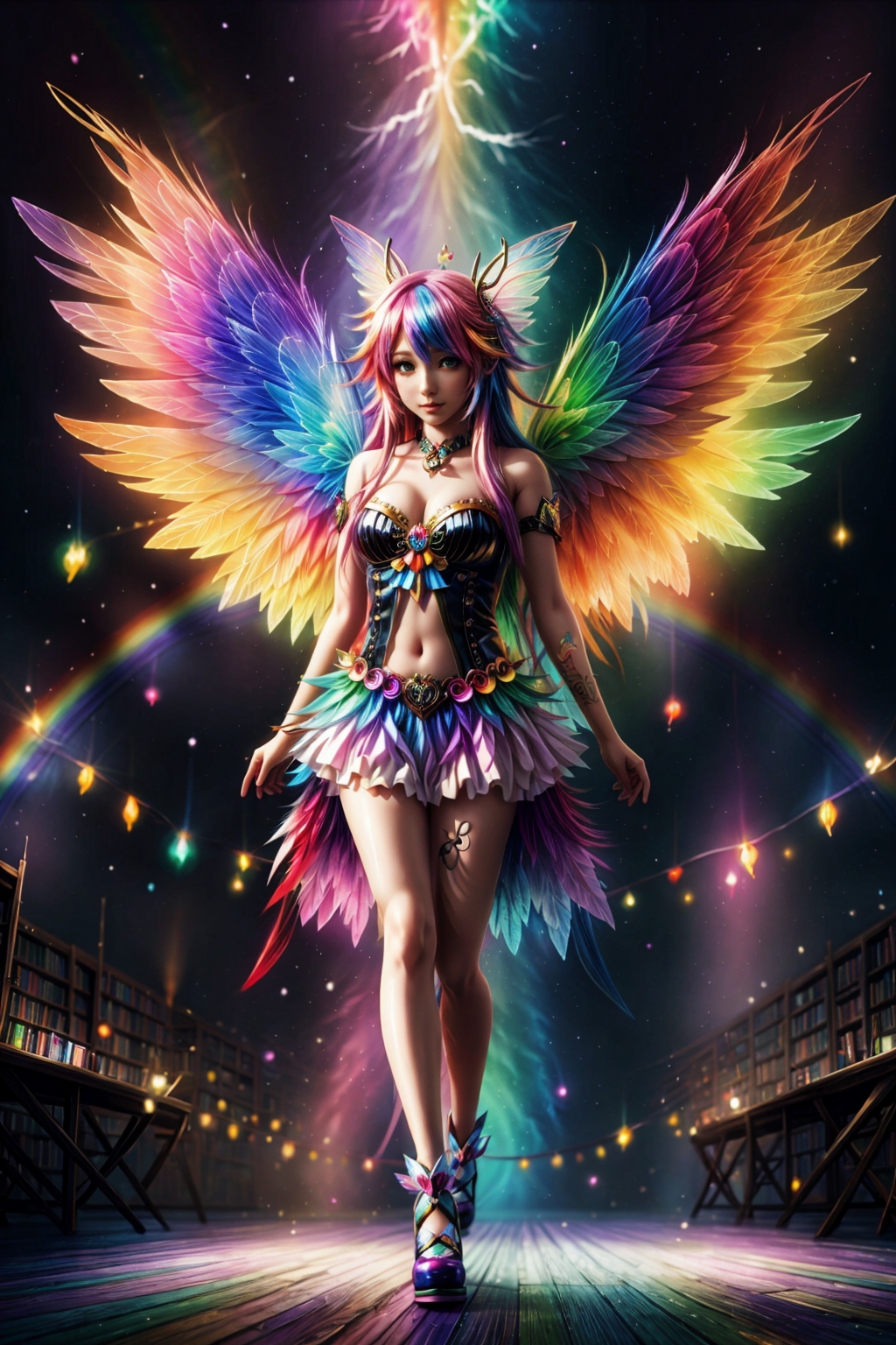 anime girl with long flowing rainbow hair with rainb...
