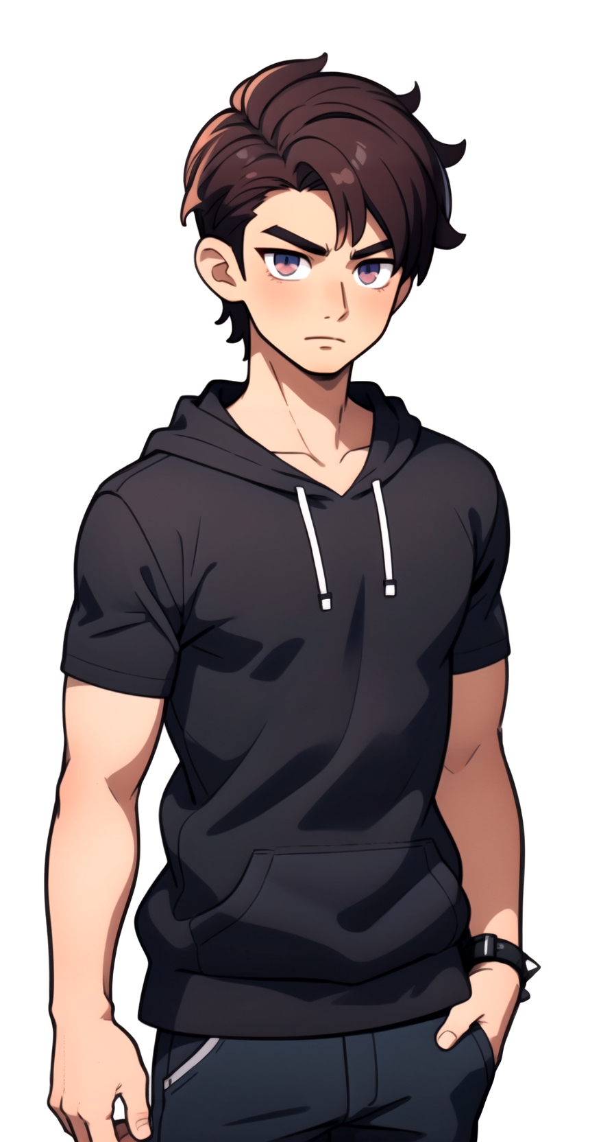 bleak-frog994: anime teenage male character in open jacket with muscles in  2d style