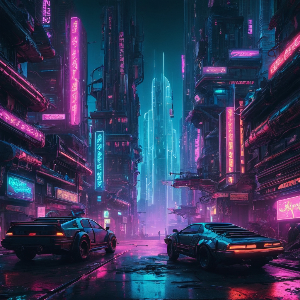 Cyberpunk neon city street at night. Futuristic city scene in a