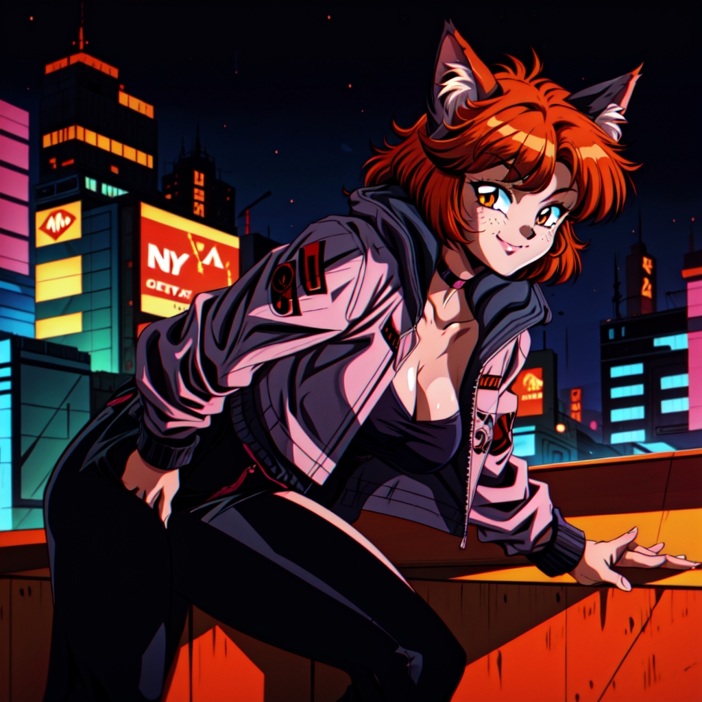 Cyberpunk anime character with red hair and cat ears