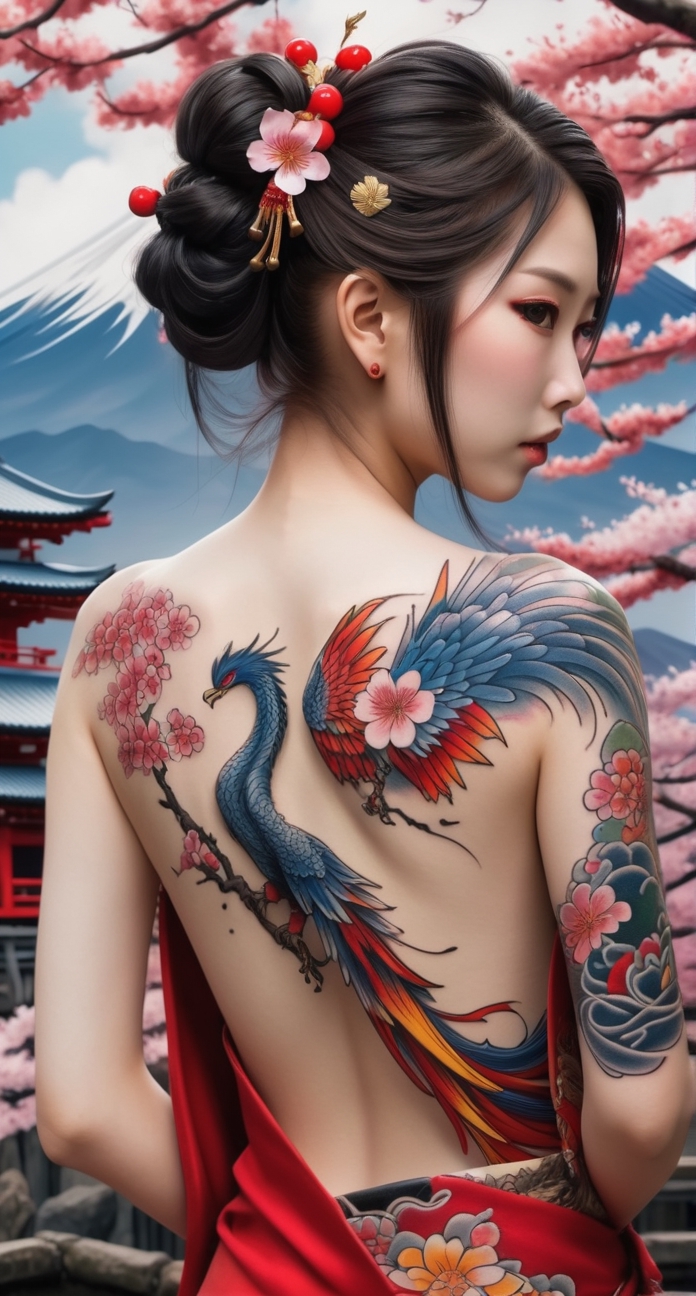 Japanese Woman With Green Dragon Tattoo on Her Back. Yakuza Style