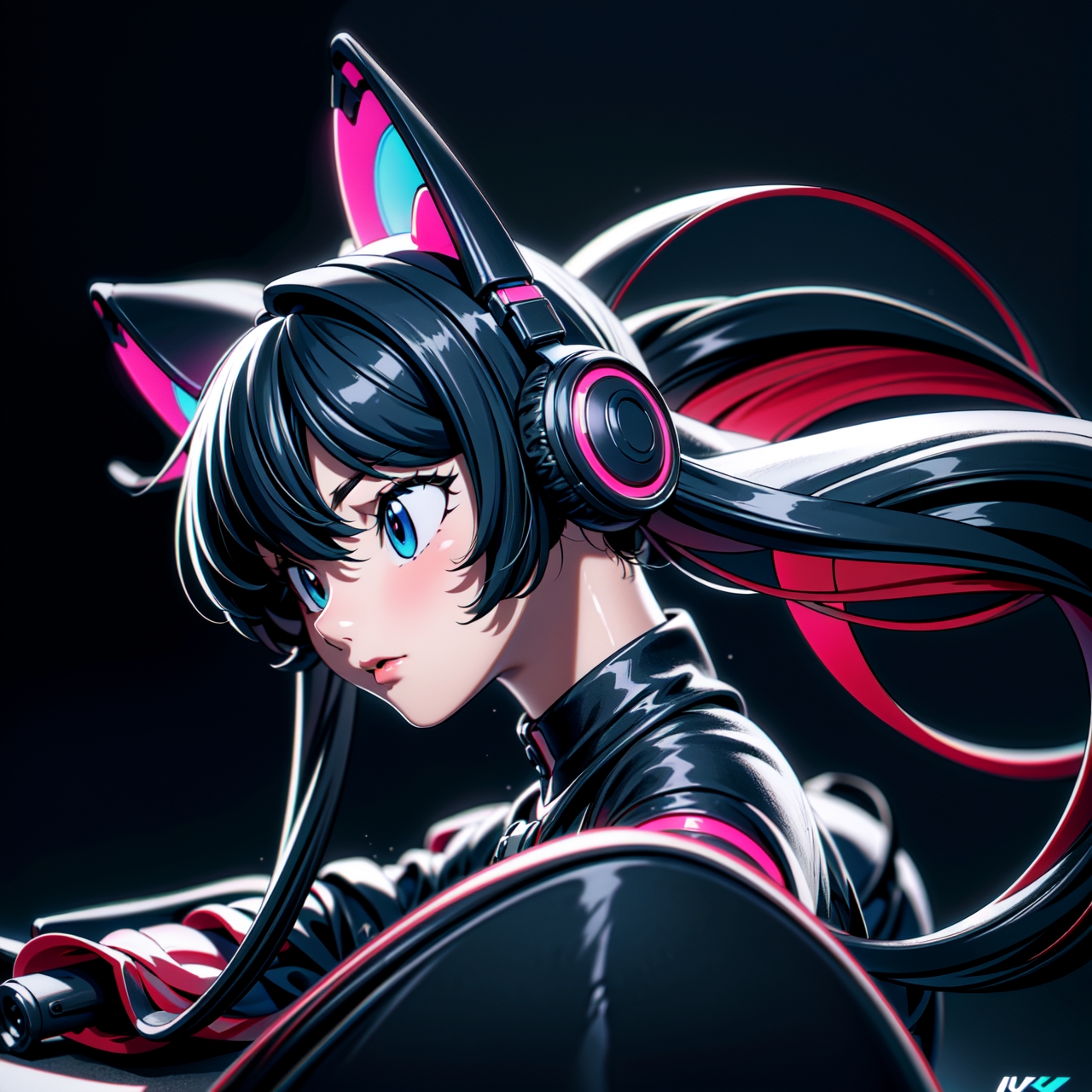 futuristic anime style girl listening to music with headphones