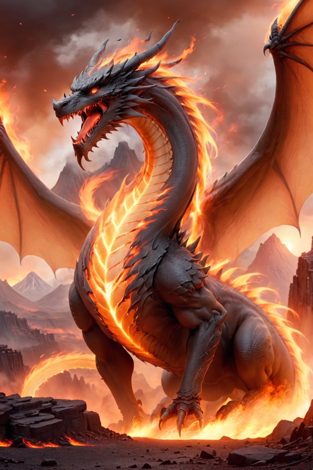 Wood dragon fantasy landscape digital illustration Stock, Wood Dragon