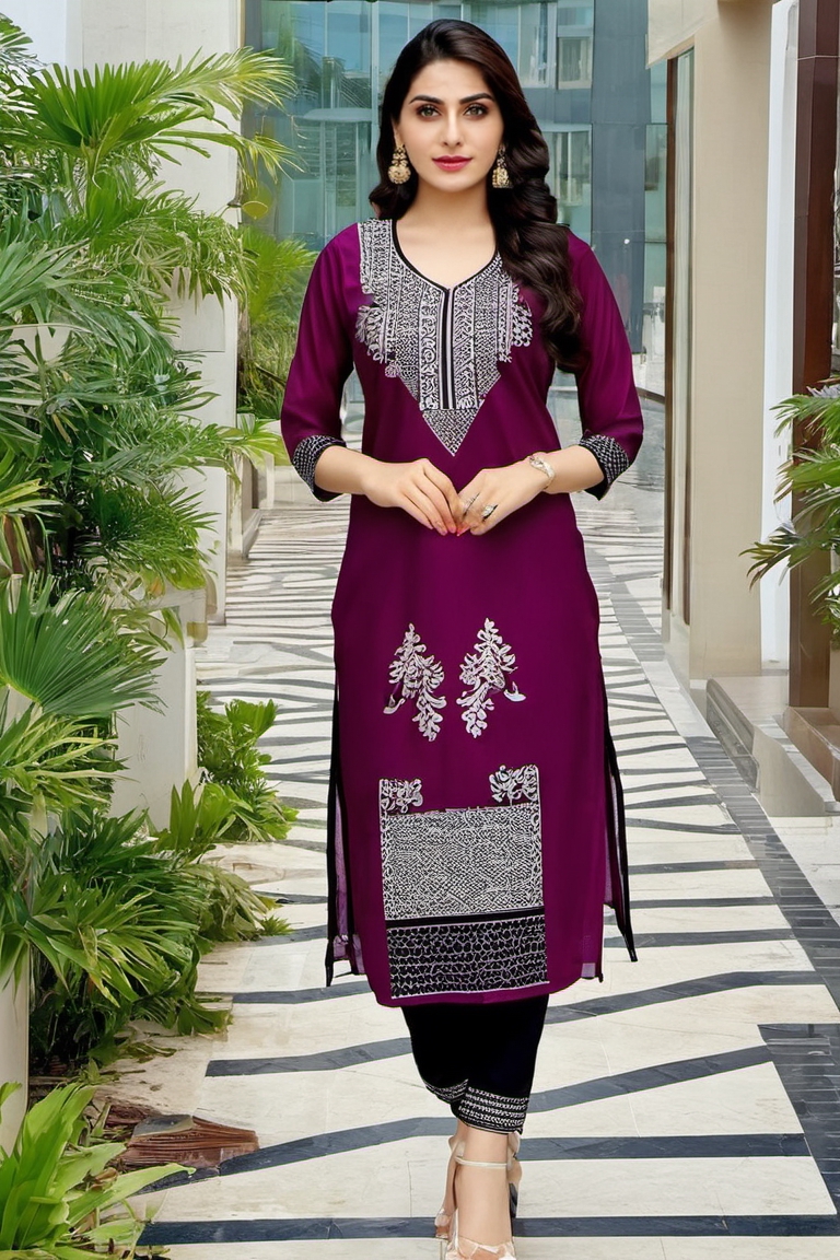 fcity.in - Women Daily Wear Straight Cotton Plain Solid Kurtis Black Pink  Combo