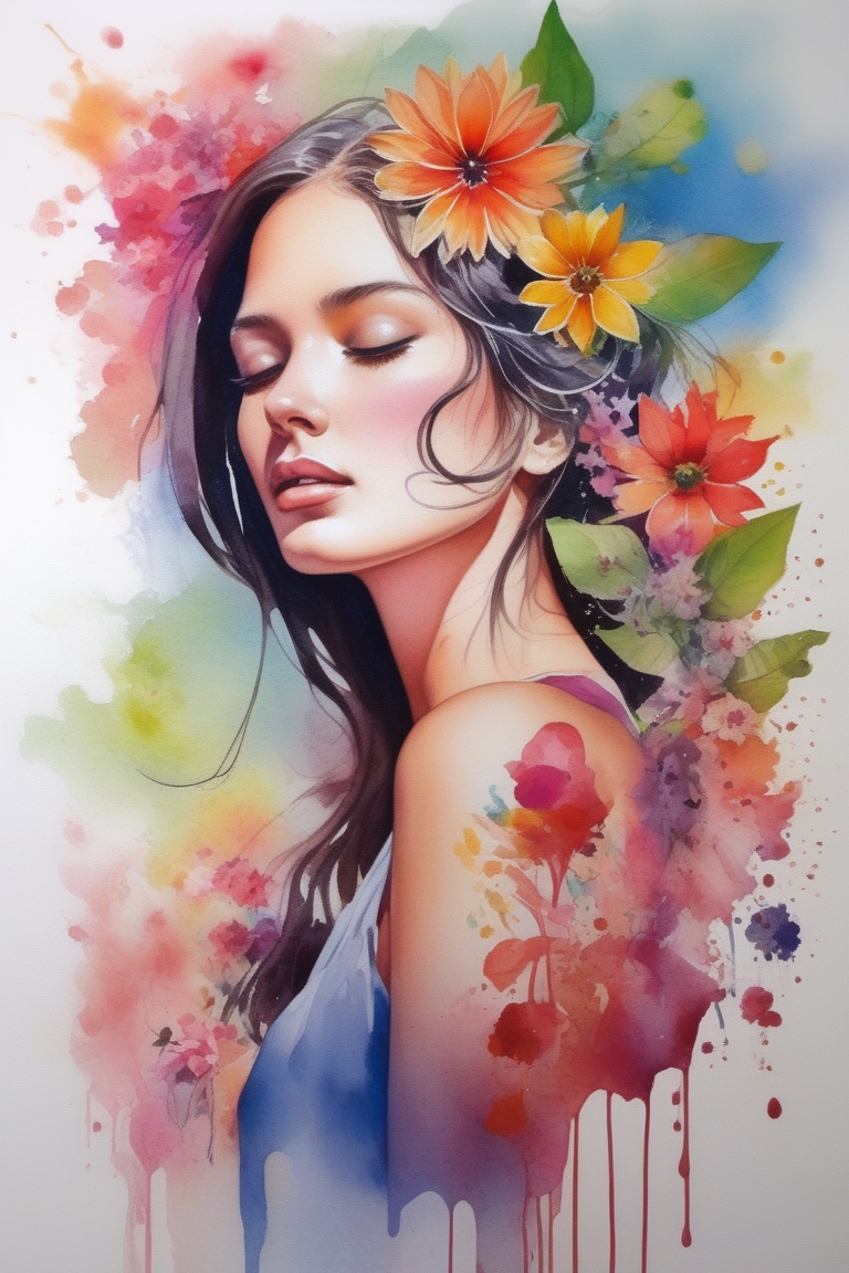 beautiful painting of a girl with flower petals