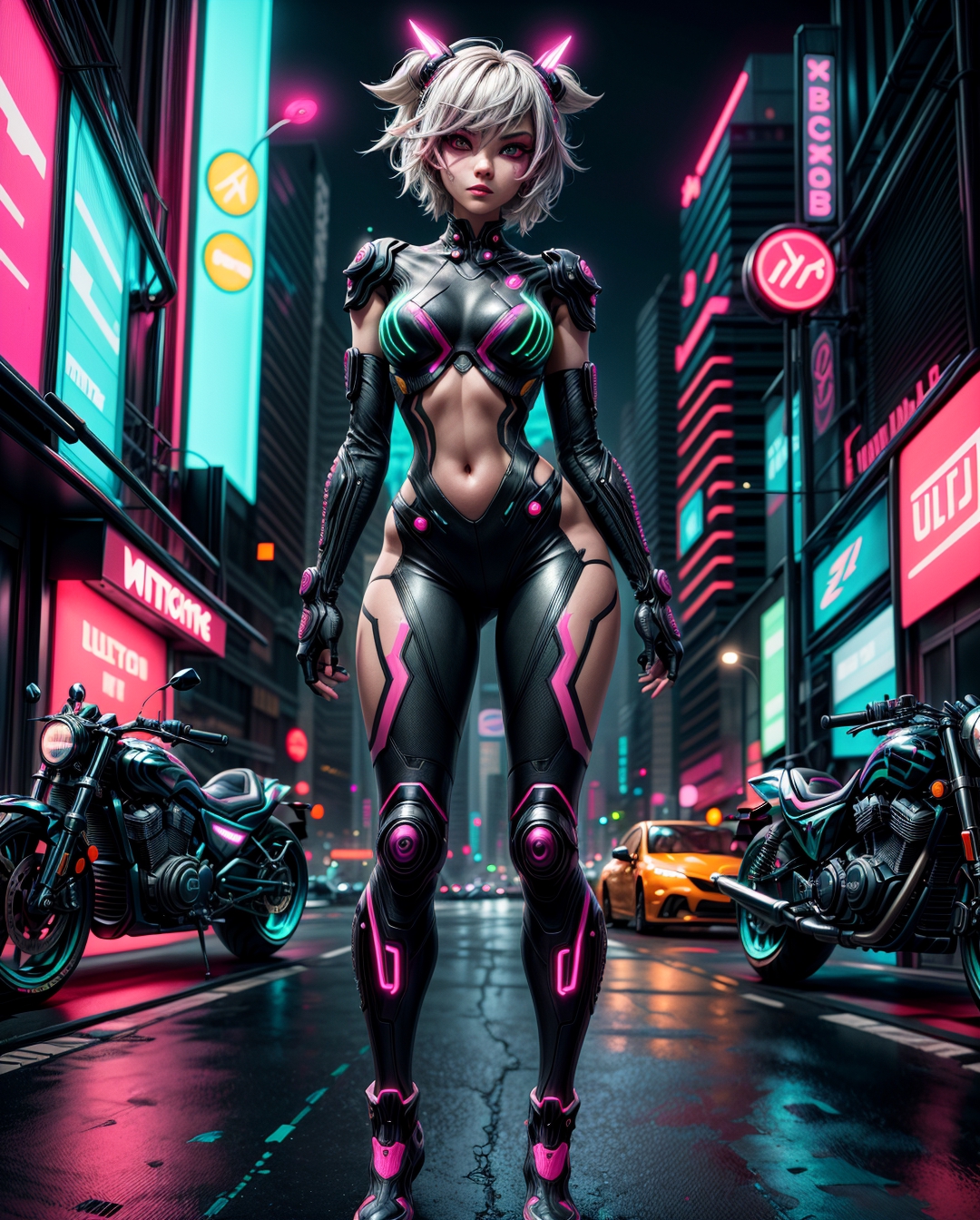 Beautiful Female Cyberpunk Girl on Futuristic Motorbike · Creative