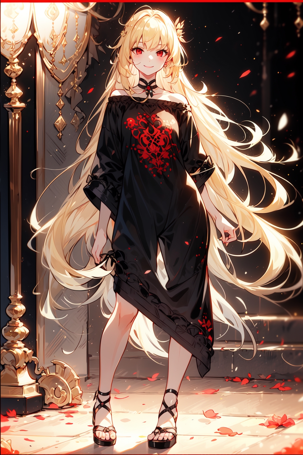 anime girl with long blonde hair and red eyes