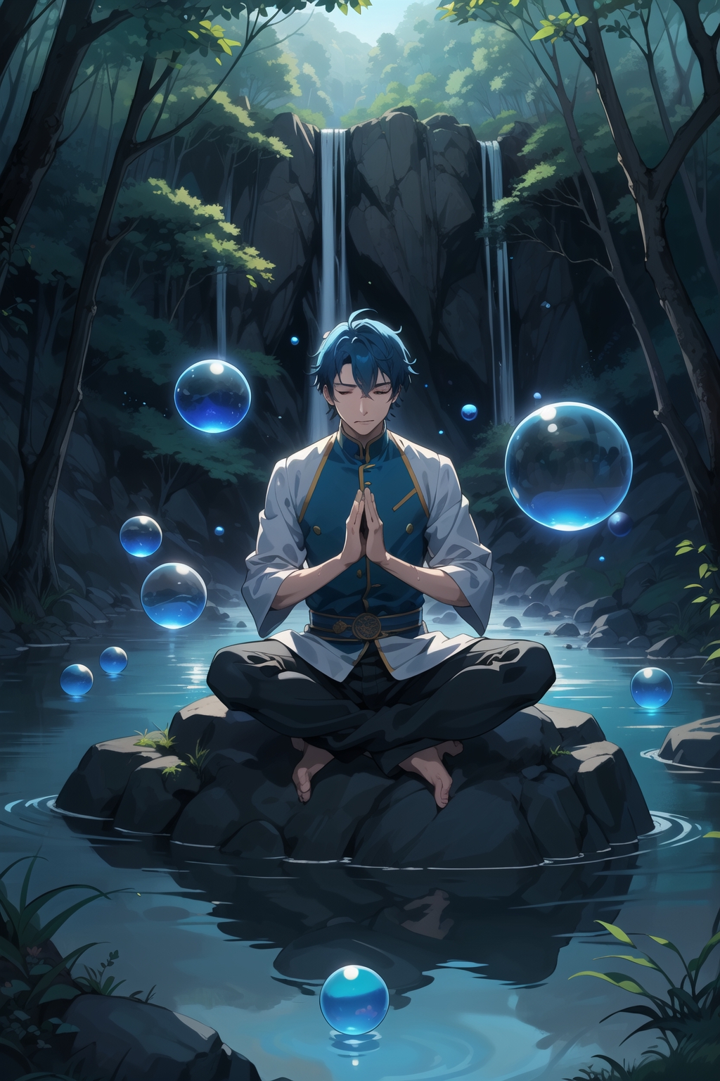 Lexica - A monk sitting in front of a fall, zen , meditate , anime