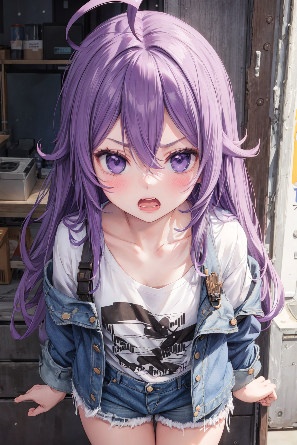 boiling-gnu366: Cute anime girl tennis light purple hair girl with a blue  eyes. 15 years old. anime plain white long sleeved button-up shirt. tattoo  on neck that it's the number 54829