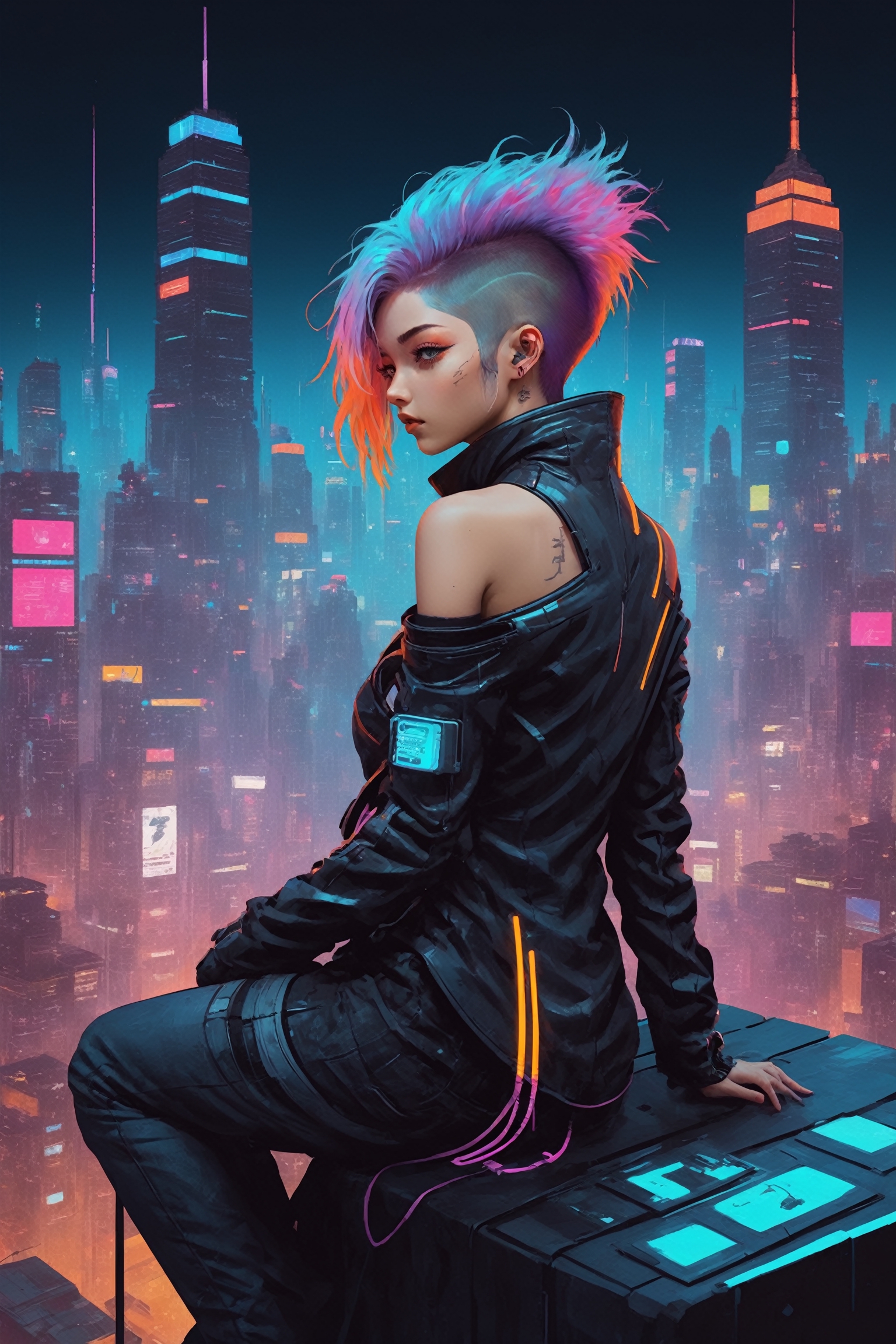 Cyberpunk Cityscape Girl Digital Art