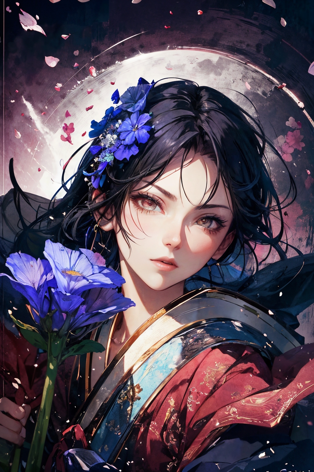 Portrait of an anime girl against a background of flowers. Anime