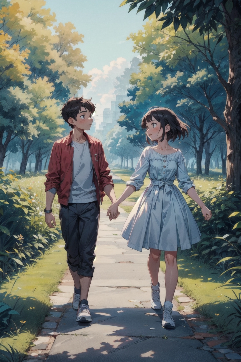 anime couples walking together
