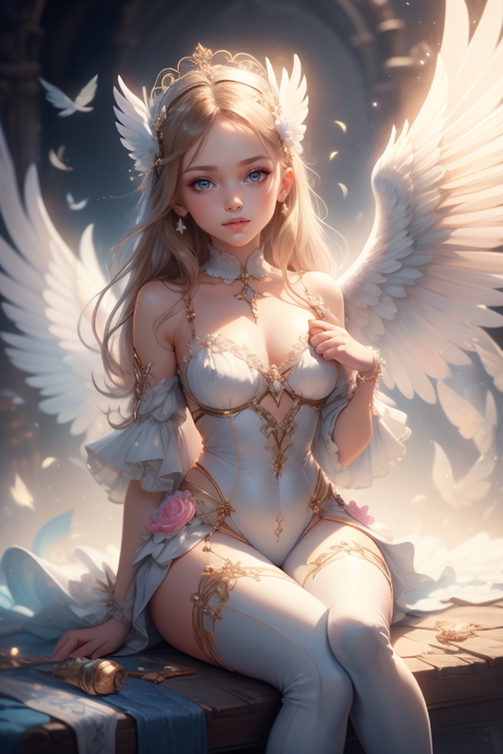 Gothic angel, oil painting, magnificent wings, seren...