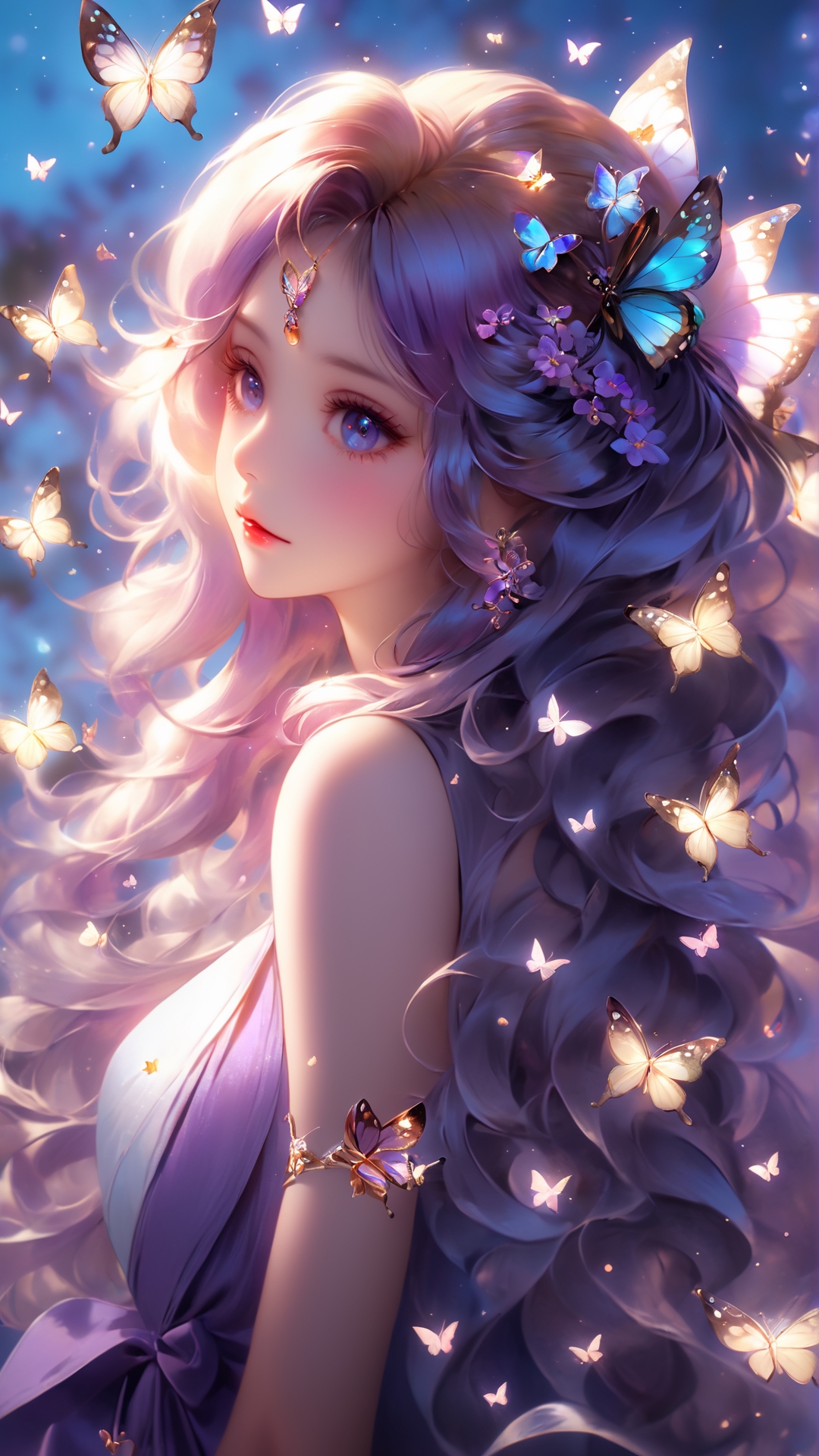 A mesmerizing galaxy-themed phoenix with purple and gold flaming feathers  and a sea of stars in the background reflected in its eyes drawn in a cute  anime style on Craiyon