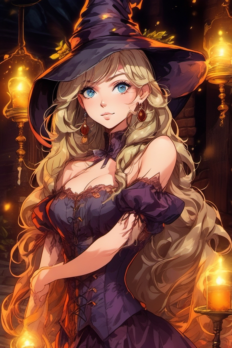 female witch with long blue hair, with light eyes, h...