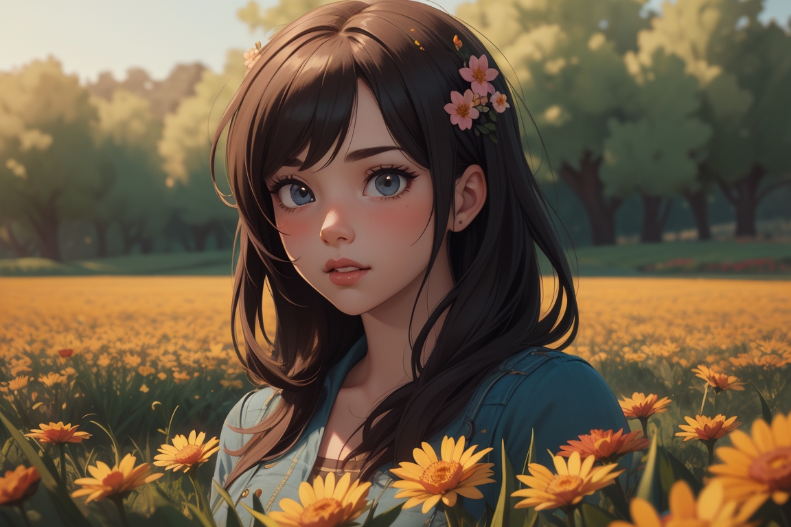 Cute Cartoon Girl on the meadow with flowers