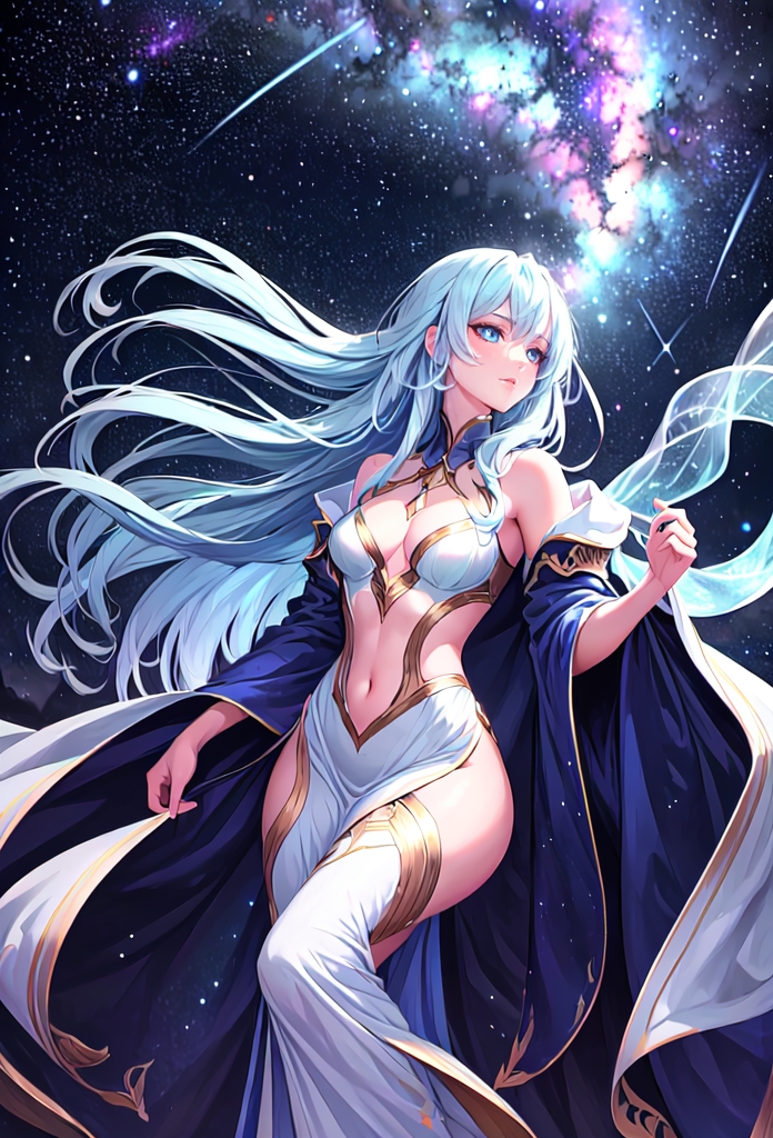 Anime queen with long white hair, blue eyes and tanned skin