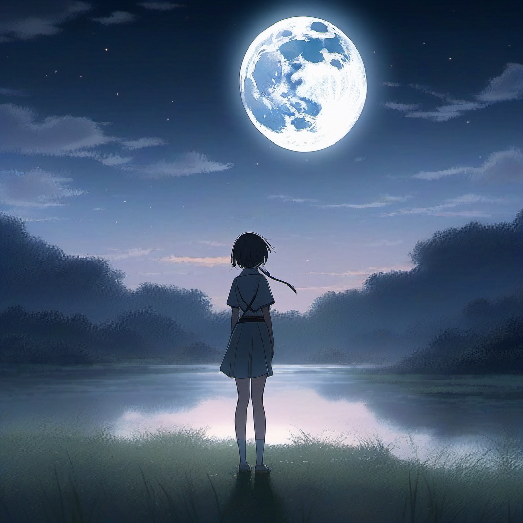 A boy in the rainy weather under the moonlight anime