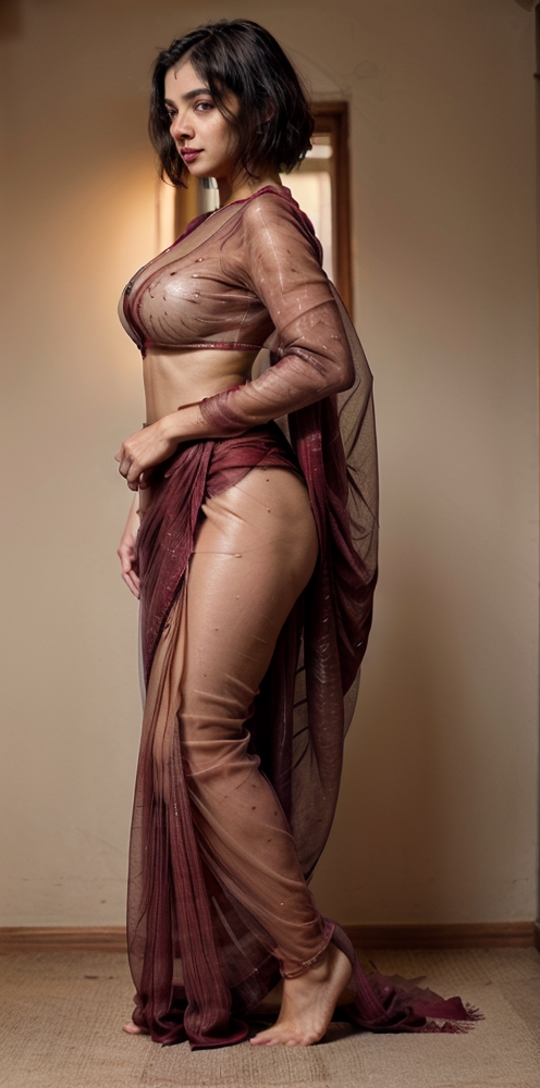 A woman in a sari poses for a photo, big boobs, big ass, 36DD