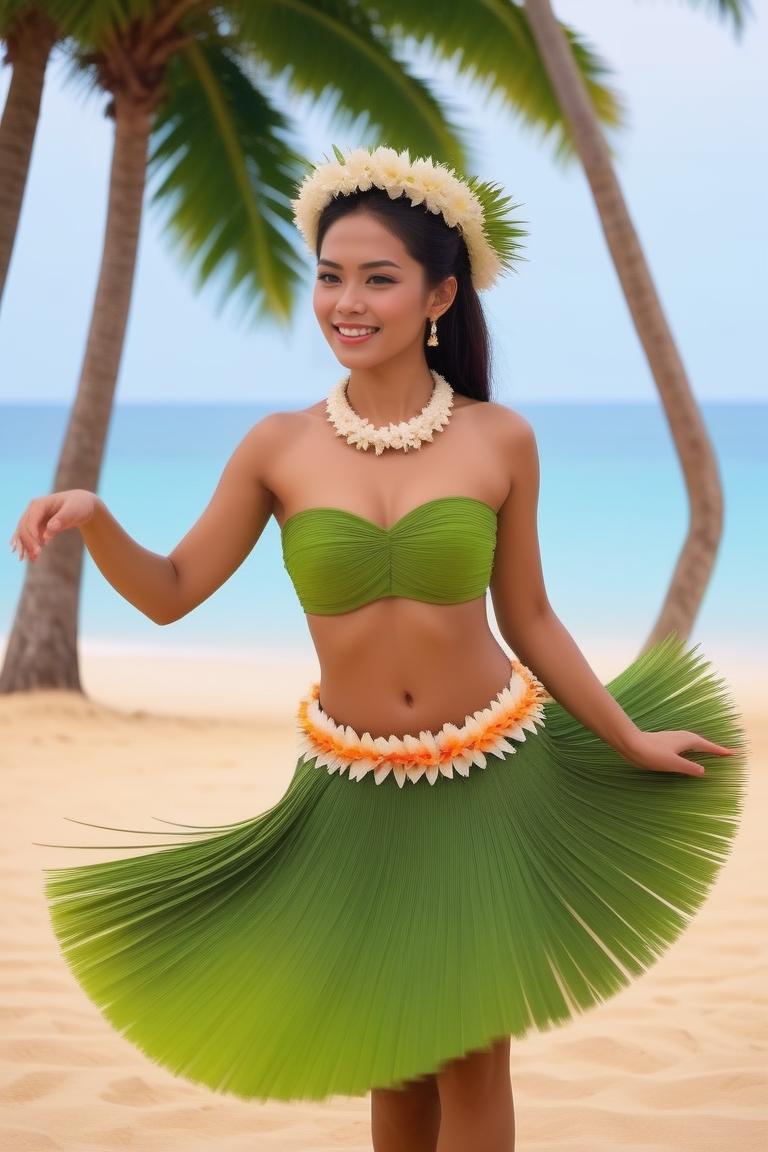 Glamorous happy Hawaiian girl wearing a skimpy grass skirt, coconut bra  standing on Waikiki Beach with a huge volcano, huge tsunami, a ufo a -  AI Generated Artwork - NightCafe Creator